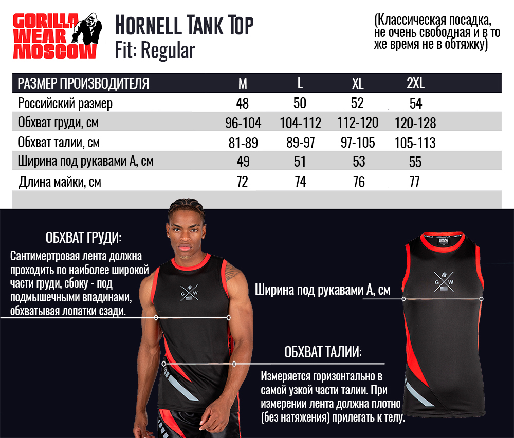 Размерная таблица майки Hornell Tank Top от Gorilla Wear