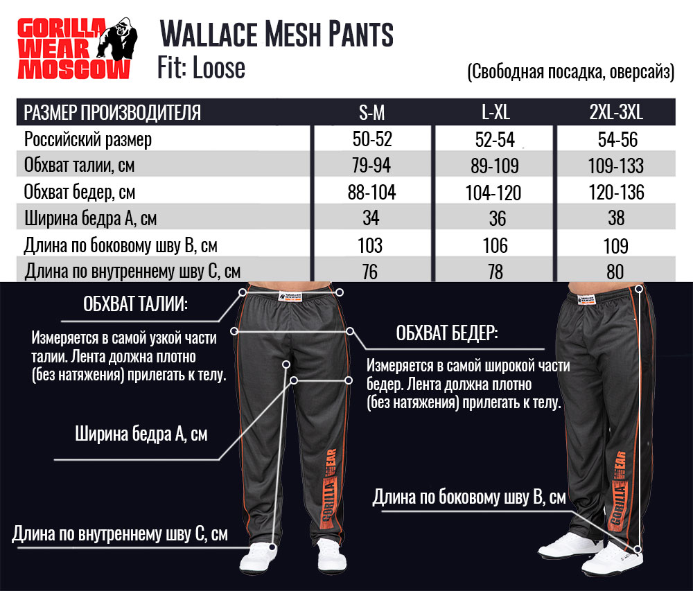 Размерная сетка штанов Wallace Mesh Pants от Gorilla Wear