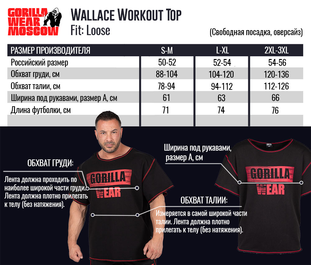Размерная сетка футболки Wallace Workout Top - Gray/Orange от Gorilla Wear