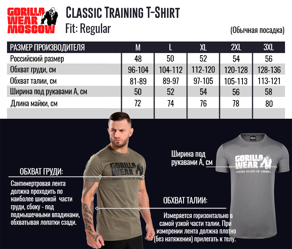 Размерная сетка Classic Training T-Shirt от Gorilla Wear