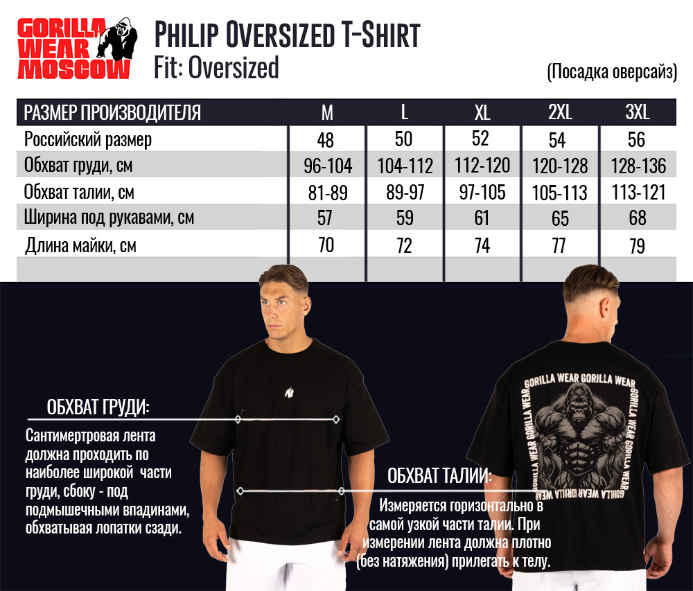 Размерная таблица оверсайз футболки Philip Oversized T-Shirt от Gorilla Wear