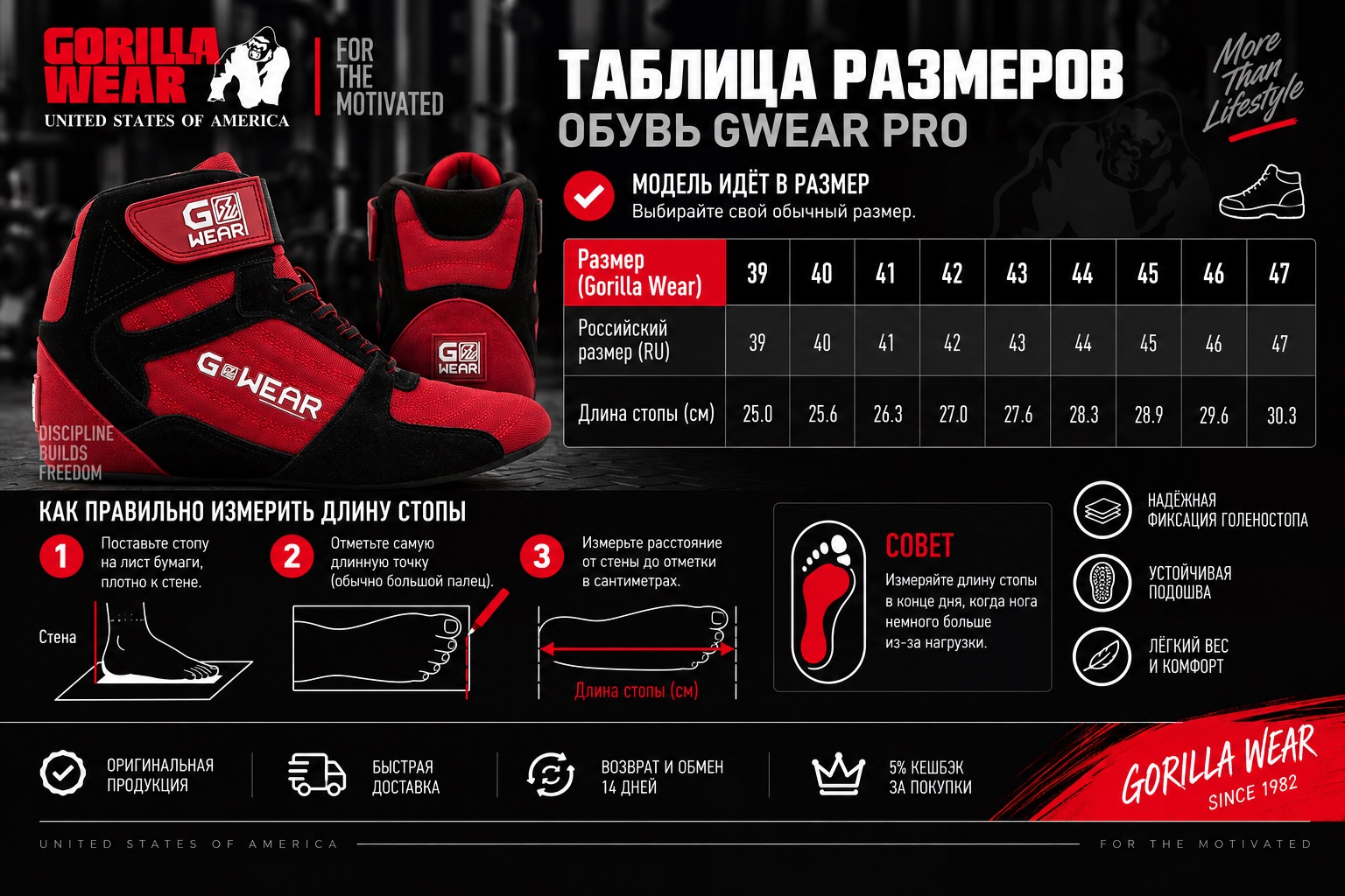 Размерная таблица Обувь Gwear Pro