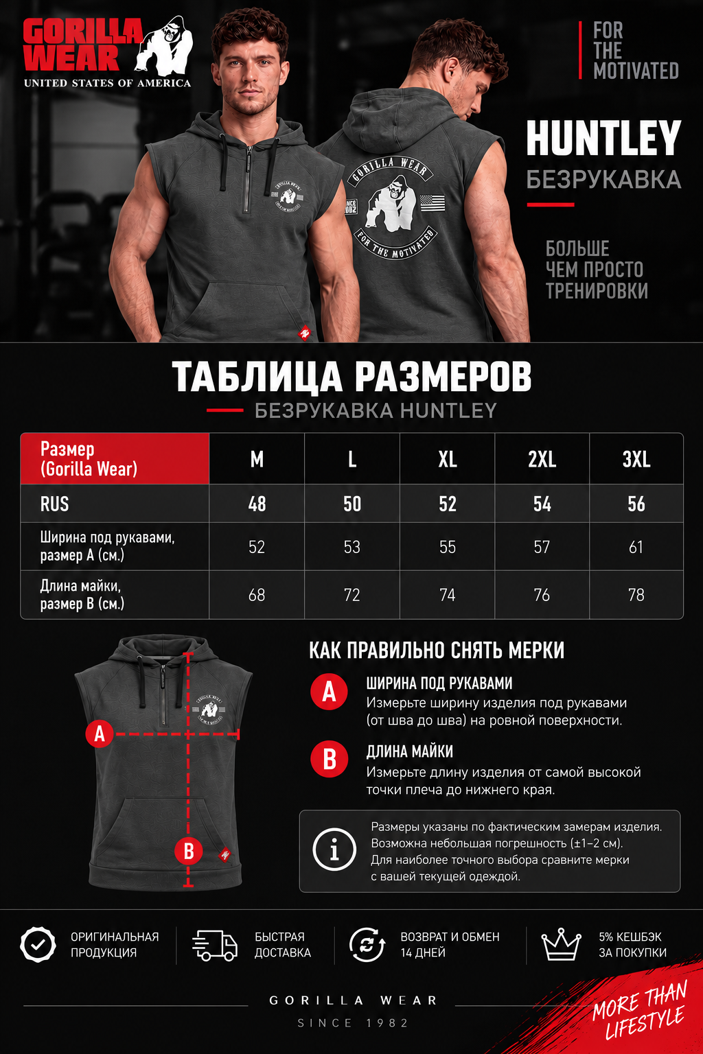 Размерная таблица безрукавки с капюшоном Gorilla Wear Huntley