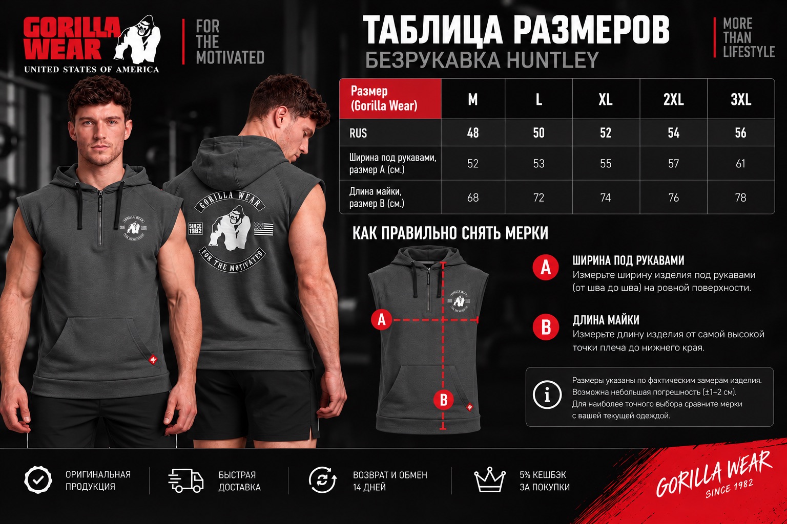 Размерная таблица безрукавки с капюшоном Gorilla Wear Huntley